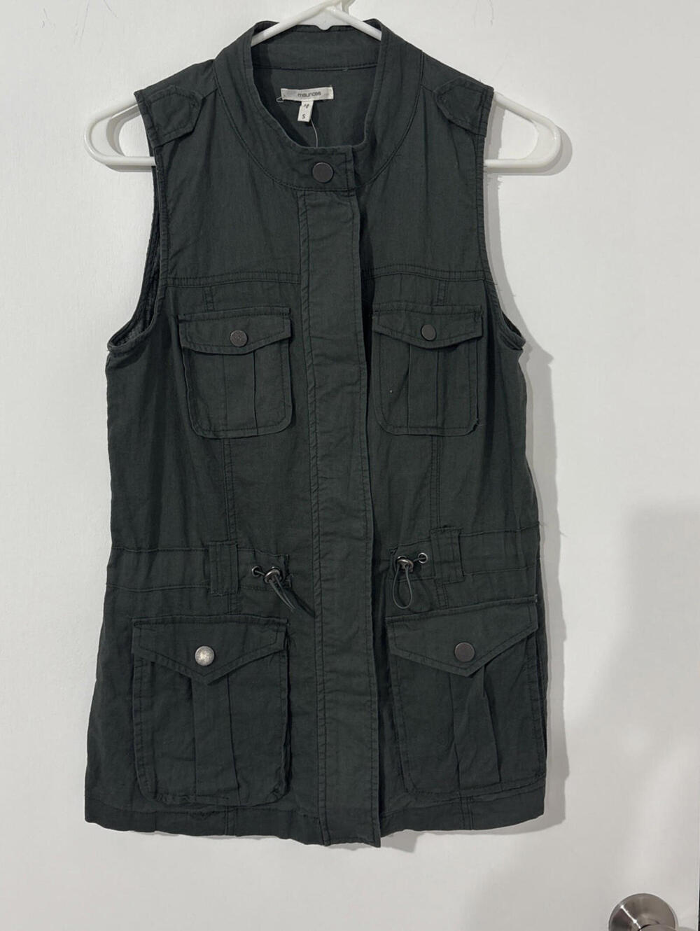 Maurices Cargo Jacket Vest Small Army Green Sleeveless Utility Anorak Linen/Cott